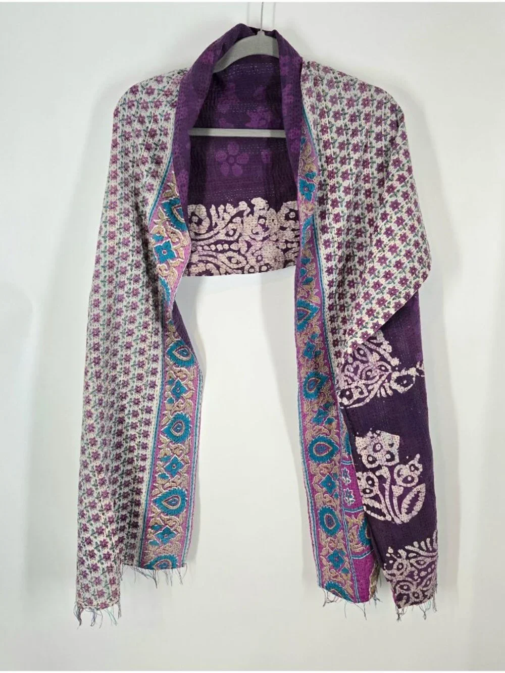 Mieko Mintz Purple & White Hand Stitched Floral Kantha Fabric Scarf Shawl Cotton